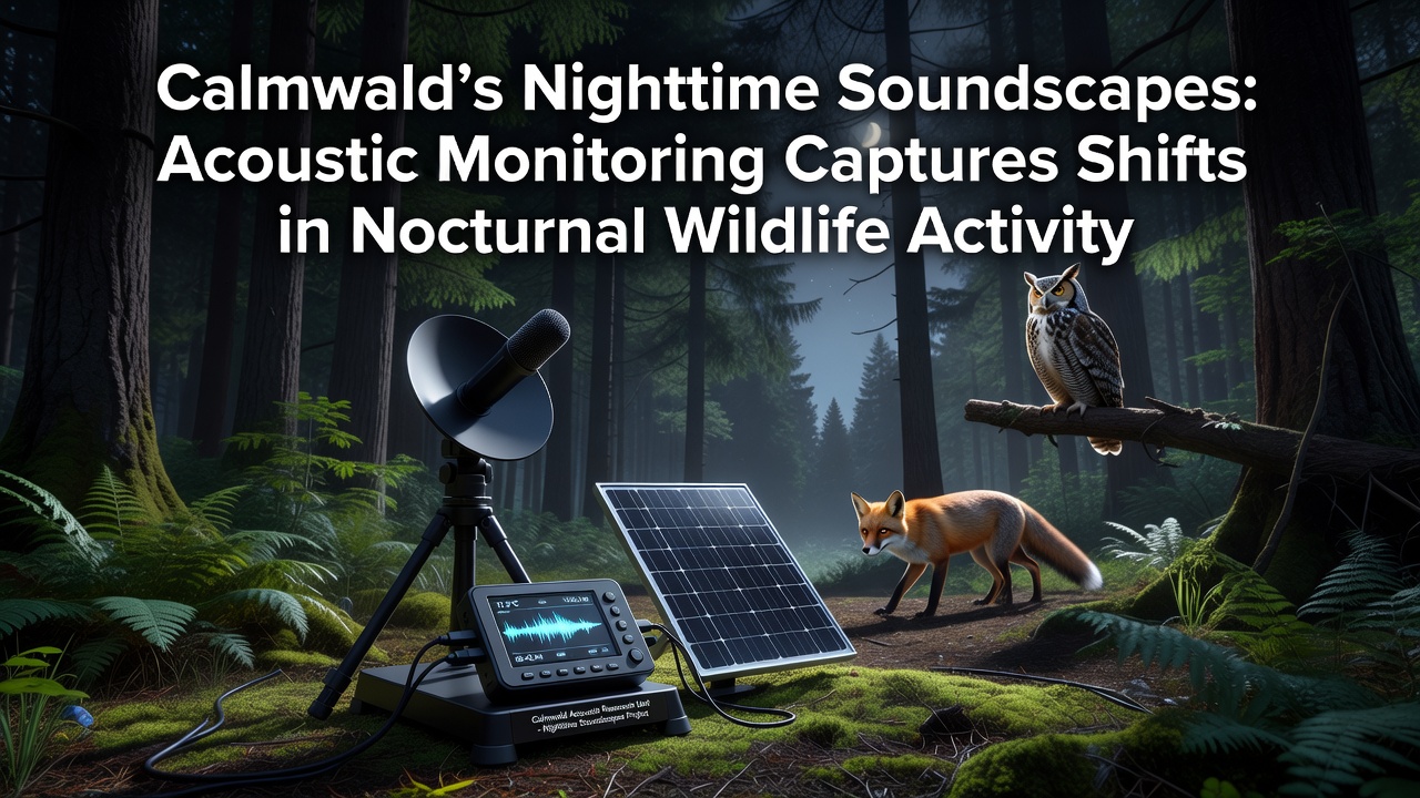 Nighttime view of Calmwald forest canopy with overlaid sound wave visualizations from monitoring data